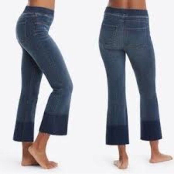 ✅ Spanx 20231R Cropped Flare Denim Jeans Size X-LARGE Wash Dip Dye Raw Hem - Picture 1 of 7